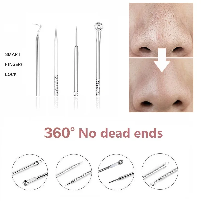 Estrattore di punti neri 4 pezzi Detergente per punti neri Set di aghi per rimozione imperfezioni dell'acne Estrusione sottovuoto Strumento per la pulizia del naso dell'acne