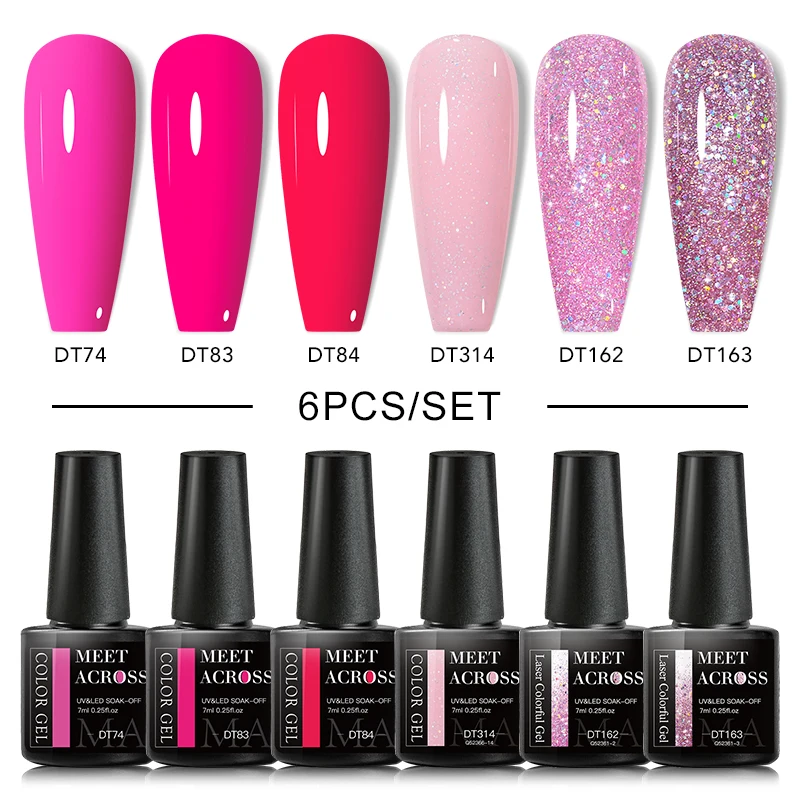 MEET ACROSS 6PCS/SET Sparkly Glitter Gel Nail Polish Set Pink Red Sequins Semi Permanent UV Gel Nail Art Kit Manicure For Nails