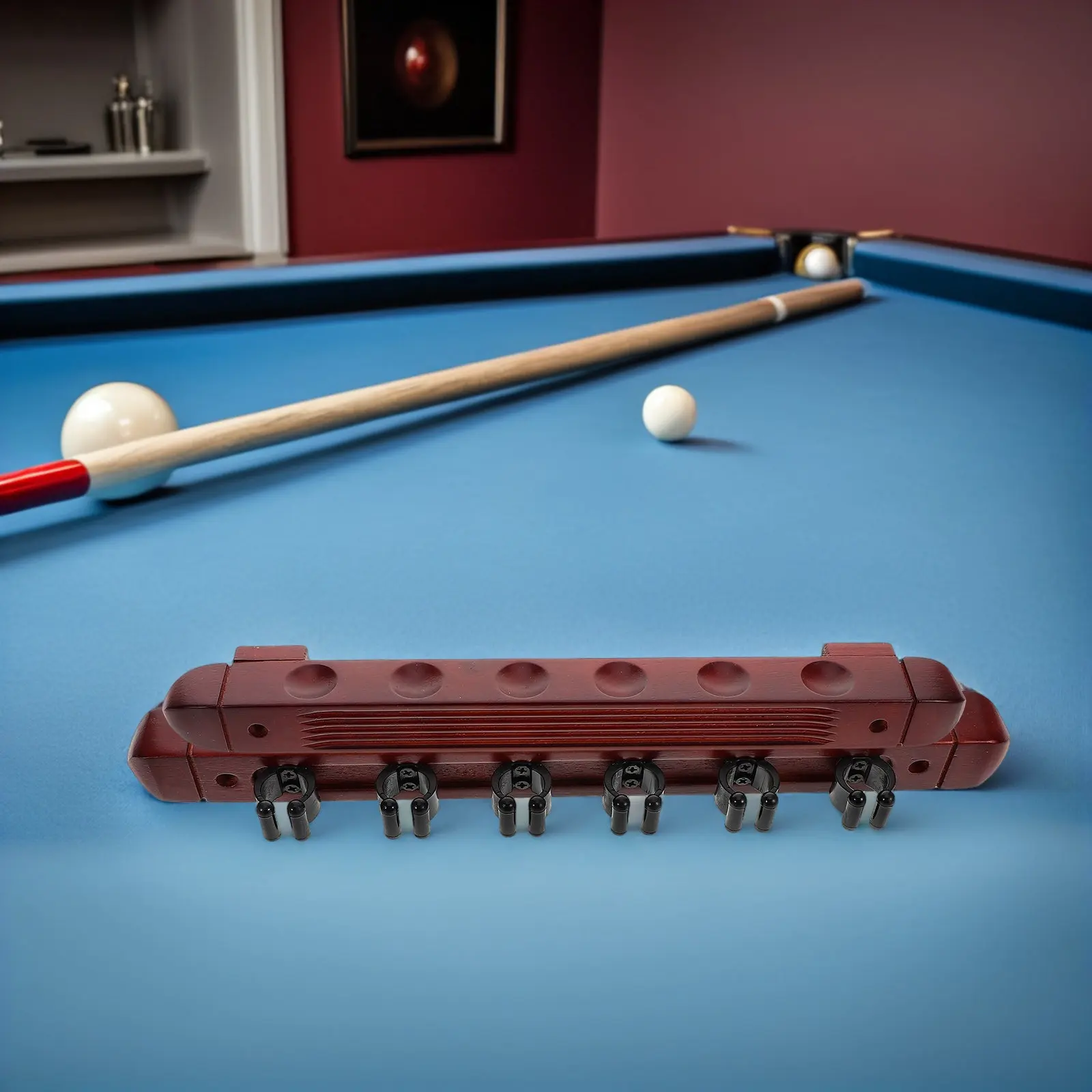 

2 Sets Solid Wood Pool Cue Holder Wall Mounted Burgundy Finish 6 Slot Rack for Game Rooms Bars Clubs Billiard Players Organizer