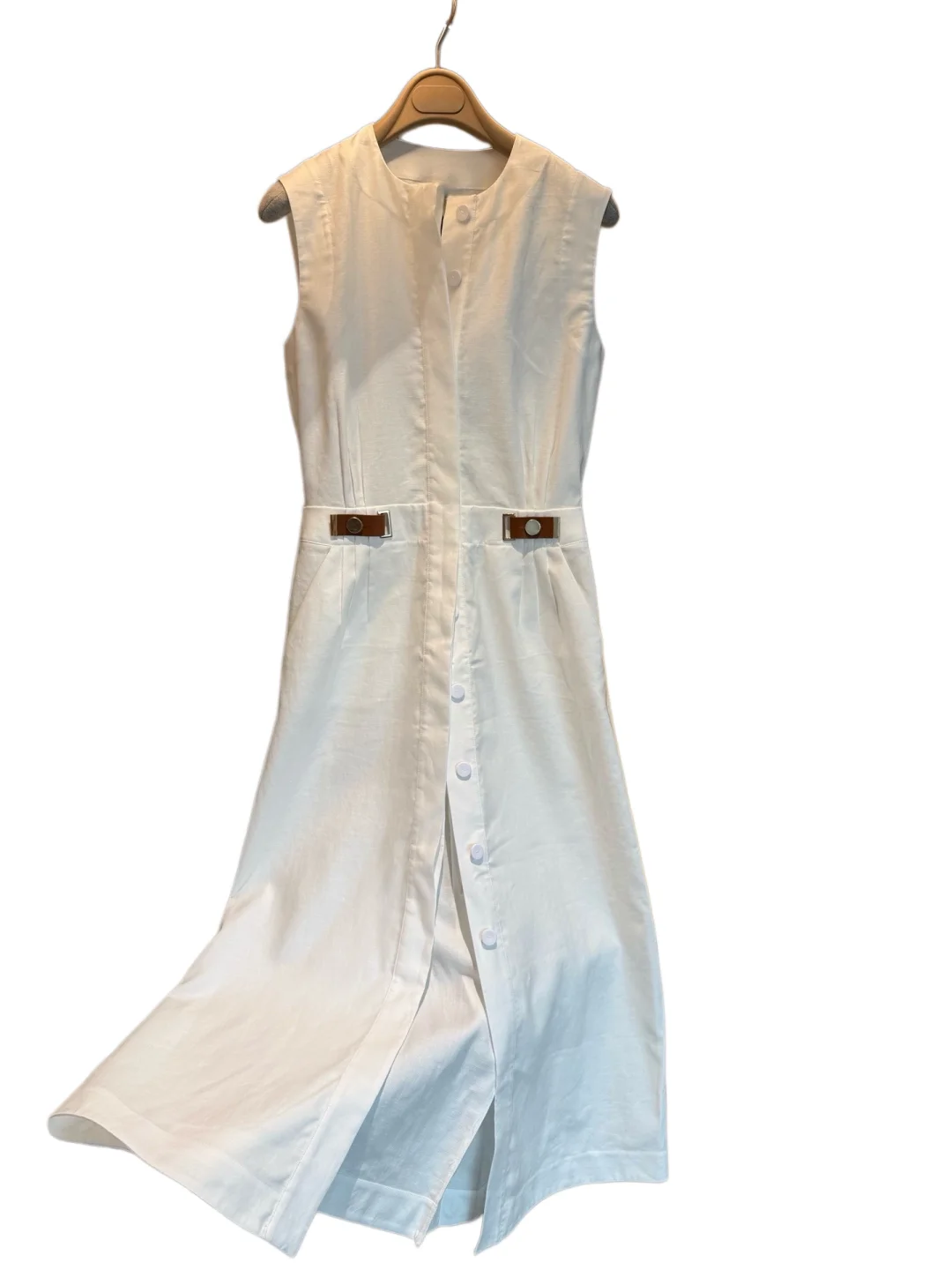 French Minimalist Linen Sleeveless Dress Women Stand Collar Button Front Leather Buckle Waist Elegant Midi Dress