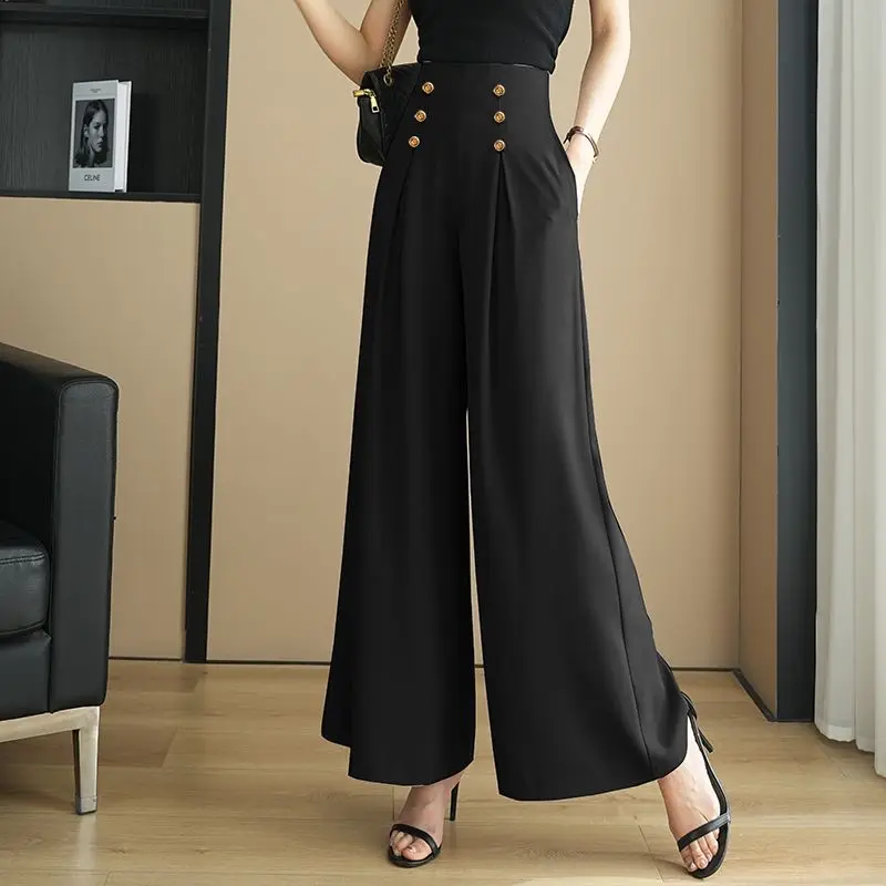 Fashion Commute Vintage Summer Pants Women\'s Solid Color Spliced Button Folds Loose Straight High Waist Casual Wide Leg Trousers