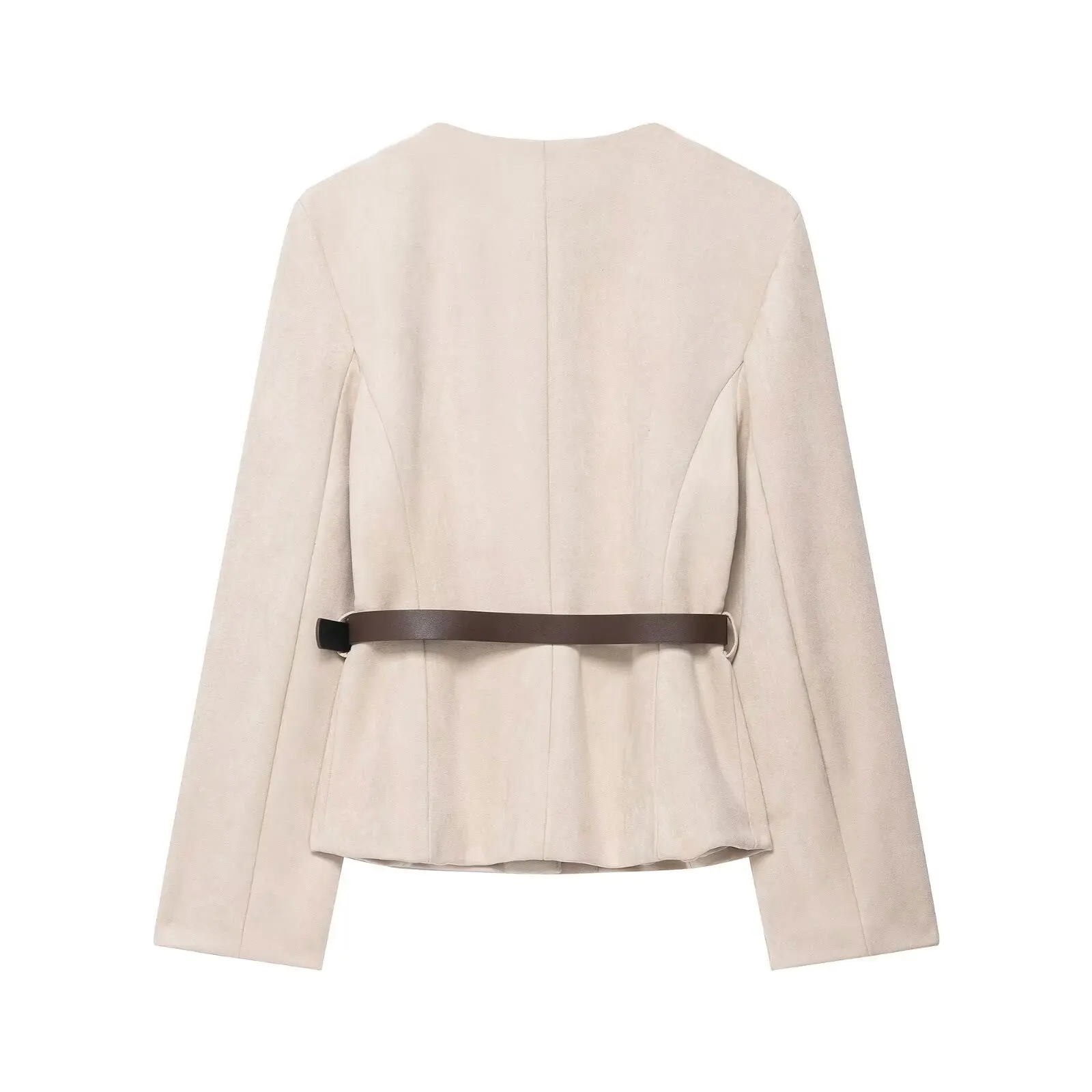 HH المرأة الخريف موضة الجلد المدبوغ تأثير معاطف طويلة الأكمام س الرقبة خمر واحدة الصدر الصلبة مربوط الإناث شارع العليا السترة