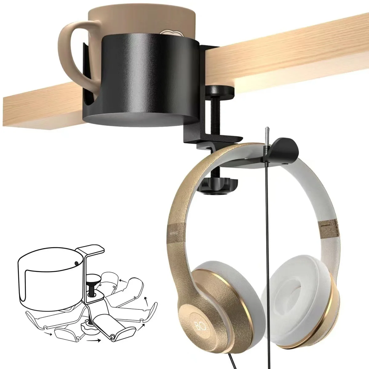 2 In 1 Universal Gaming Headphone Holder Under Desk Drink Cup Mug Rack Organizer 360 Rotating Headset Hook Hanger with Clamp