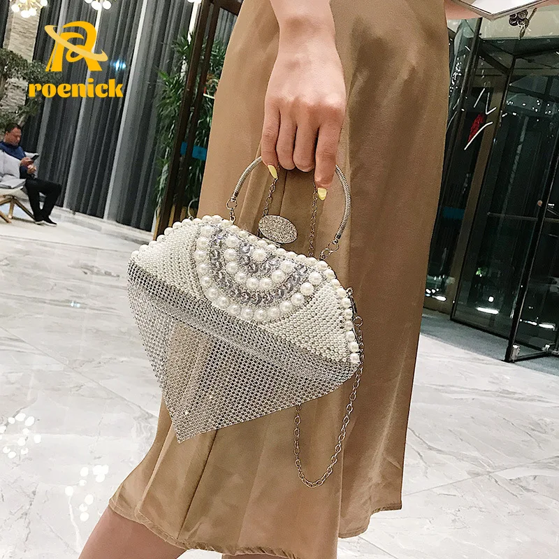 

ROENICK Women Pearl Studded Rhinestone Evening Bag Beaded Mini Clutch with Handle Chain Handbags Cocktail Luxury Designer Purses