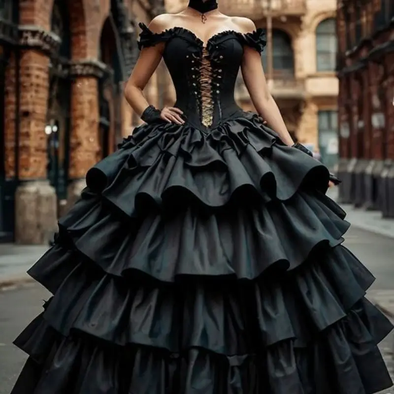 Steampunk Black Gothic Wedding Dress Corset Off Shoulder Tiered Prom Ball Gown Floor Length Customized Bridal Vestidos De Novia