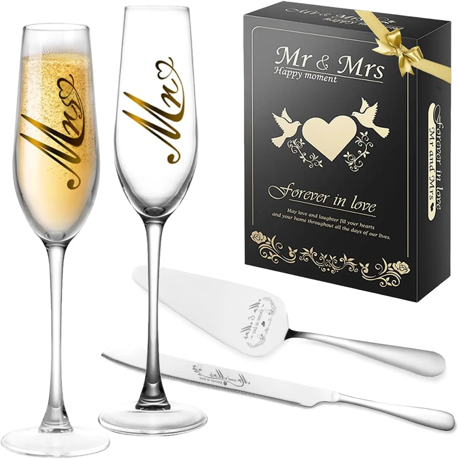 

Mr & Mrs Champagne Flutes, Wedding Cake Knife Set, Bridal Shower Gift for Couples (Silver, 4-Piece)