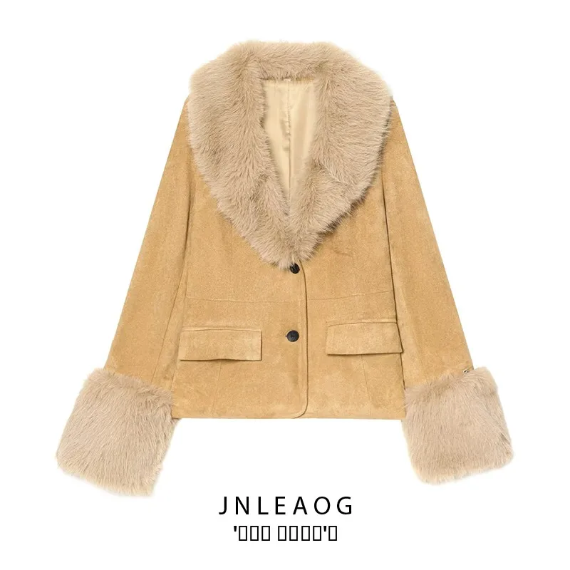 JNLEAOG Autunno delle nuove donne Faion Versatile effetto pelliccia sintetica Pelle Velluto Superficie Vestito Jaet All Match Fibra di poliestere