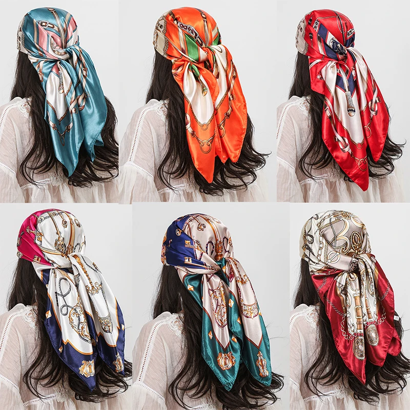 Luxus Marke 90 cm Platz Silk Schal Frauen Schals Wraps Hijab Schals Drucken Kopftuch Femme Kopf Schal Foulard Bandana Strand pareo