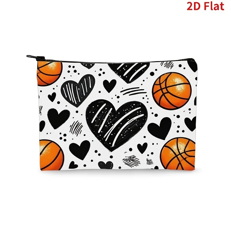 1pc Cute Basketball Hearts Cosmetic Bag Makeup Pouch with Zipper Closure Portable Travel Organizer Fashion Women's Gifts