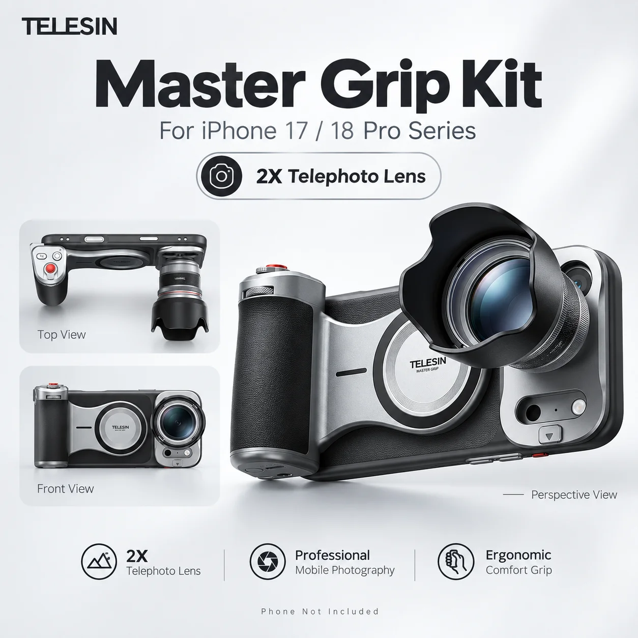 TELESIN Master Grip for iPhone 17 18 Pro Pro Max Camera Photography Kit with 2X Telephoto Lens Magnetic Case