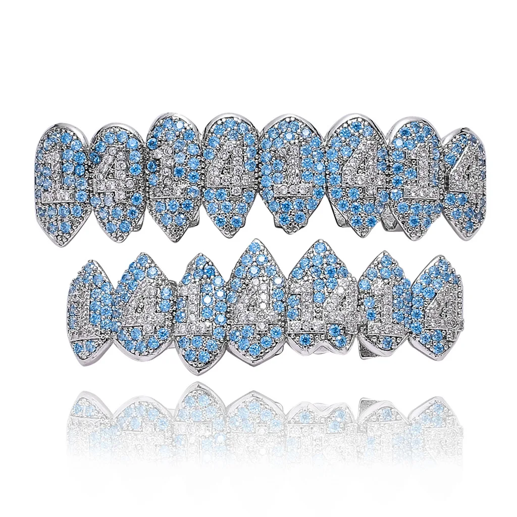 

Hip Hop Micro Pave Cubic Zirconia Bling Iced Out Fang 1414 Top Bottom teeth Grillzs Set Gold Color Men CZ Rapper Jewelry