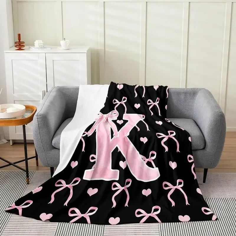 Flannel Blanket Featuring Pink Bows and Lettering; Suitable for Family or Couples, and Ideal for Home, Travel, or Leisure Use.