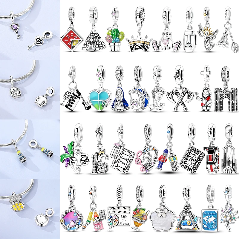 New 925 Sterling Silver Beads Angel Castle Pyramid Pendant Dumbbell Earphones Life charms Original Gift For Mom Jewelry Making