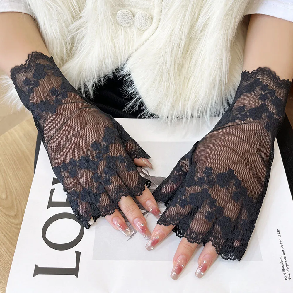 

Half-finger Gloves Solid Color Mittens Sunscreen Gloves Lace Mesh Floral Gloves Jacquard Lace Gloves Outdoor Elegant Uv-proof