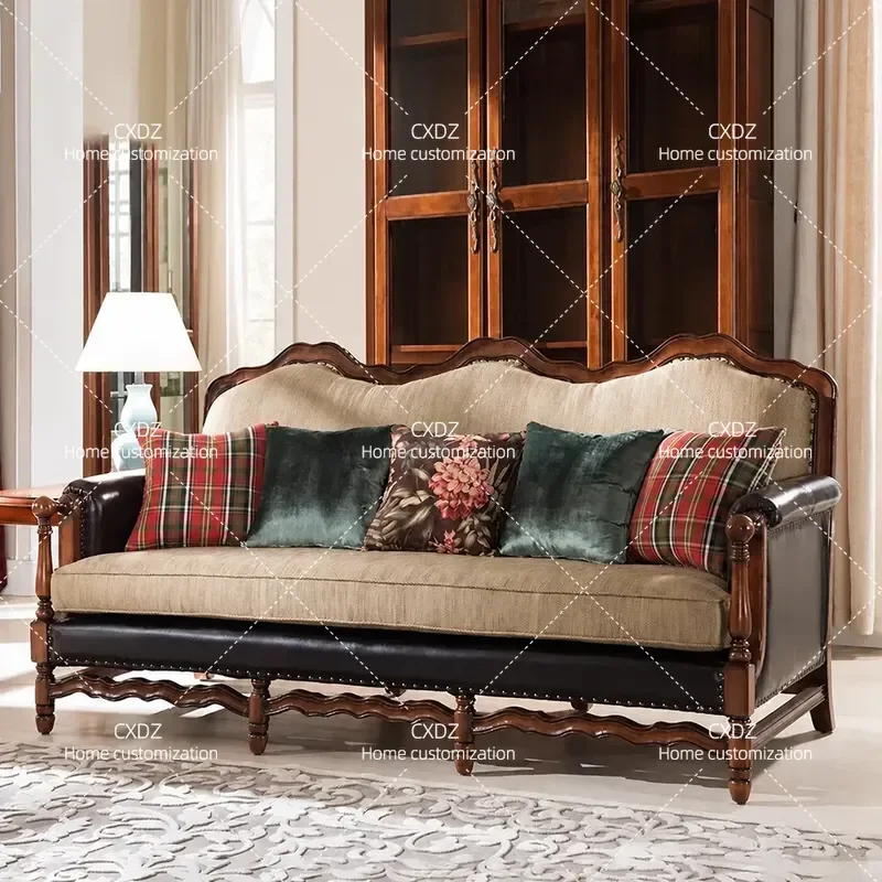Retro Solid Wood Sofa Fabric Soft Cushion Luxury Neoclassical Carved Leather Sofa Set Living Room Furniture