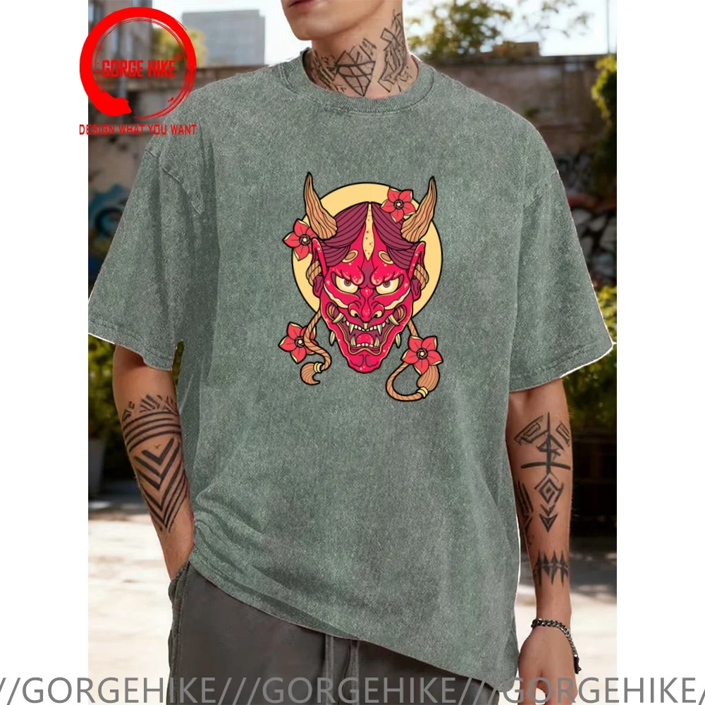 Vintage Washed Cotton T-Shirt Funny Designer Samurai Demon Oni T Shirt Men Fashion Trendy Casual Clothing Stylish Tops Tees