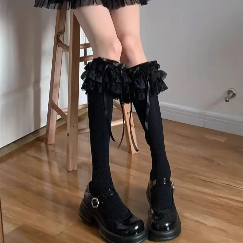 Japanese Original Lolita Multi-layer Lace Over Knee Hosiery Girls Bow Stockings Kawaii Slimming Solid Color Calf Socks For Women
