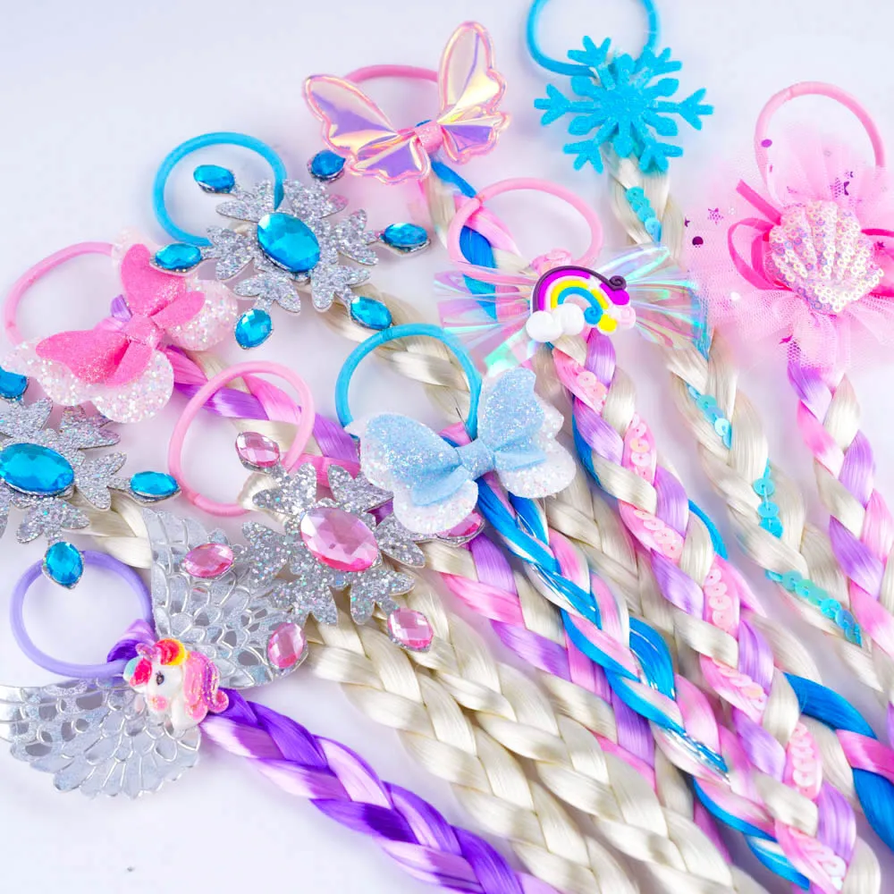 10Pcs/Lot Fashion Cute Unicorn Bow Wig Hair Clips Ponytail Rope Girl Colorful Elastic Scrunchies Headwear Accessories Party Gift