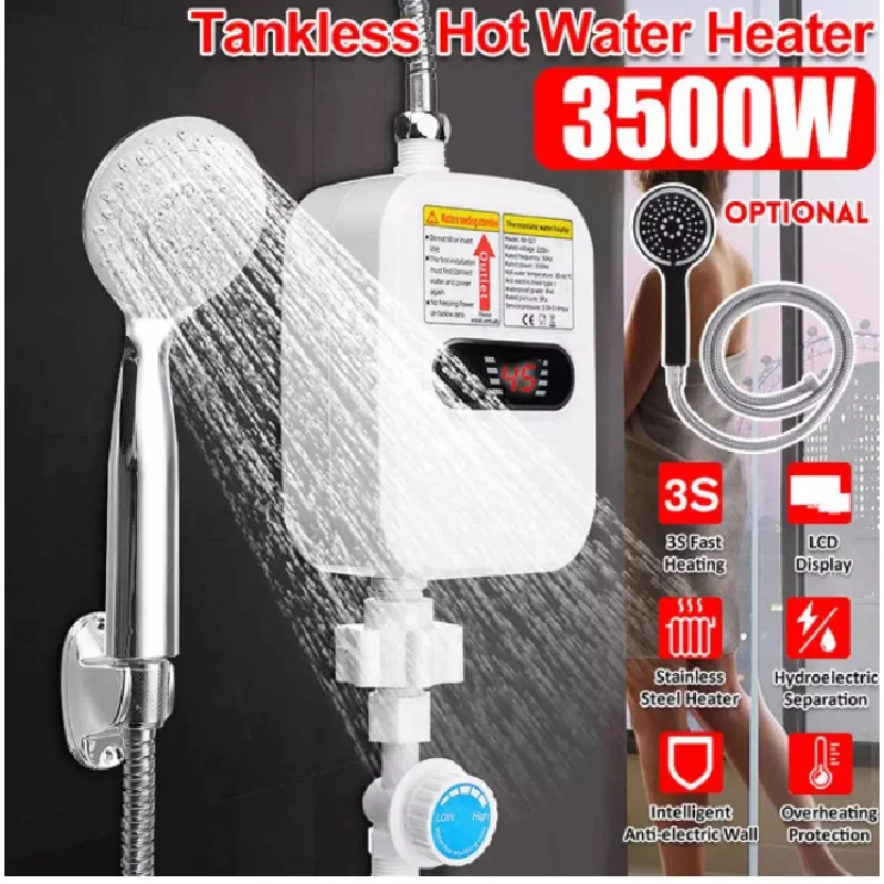 RX-21, 3500W 220V Mini calentador de agua eléctrico caliente sin tanque grifo de baño doméstico con cabezal de ducha pantalla LCD de temperatura
