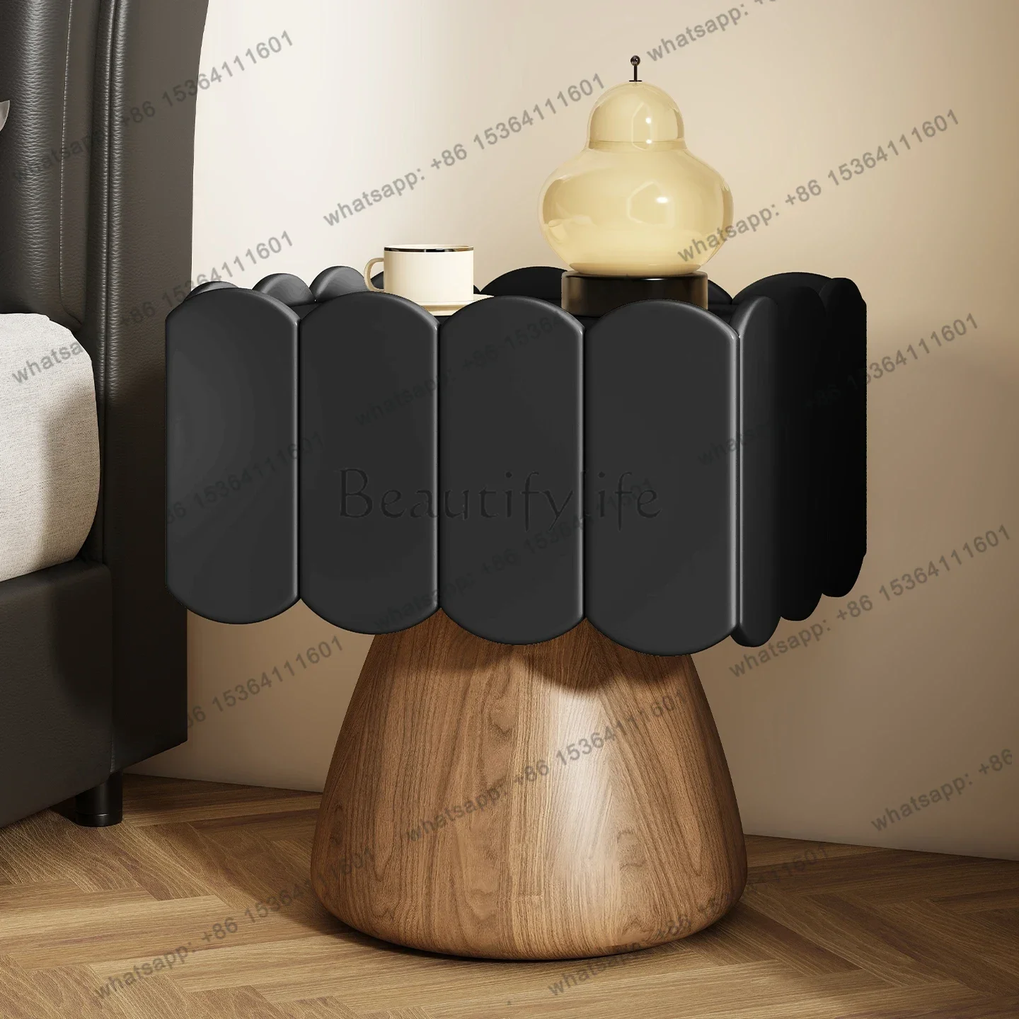 Solid Wood Painted Mid-Century Cream Style Small Bedside Table for Home Bedroom with High-End Feel