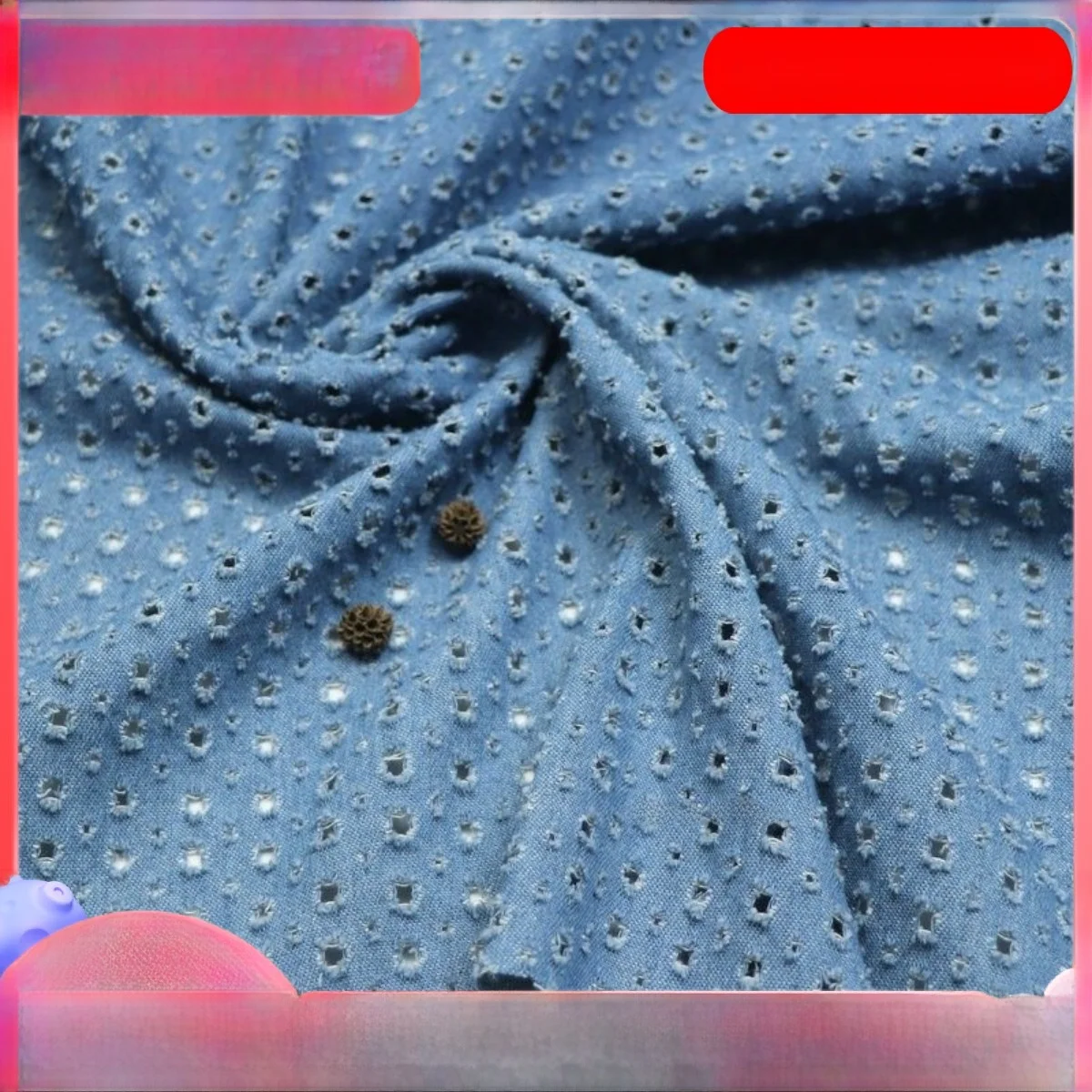 

Retro ey Blue Floral Embroidery Hole Soft Denim Handmade Fabric for Clothing Vintage Clothing Handmade Material