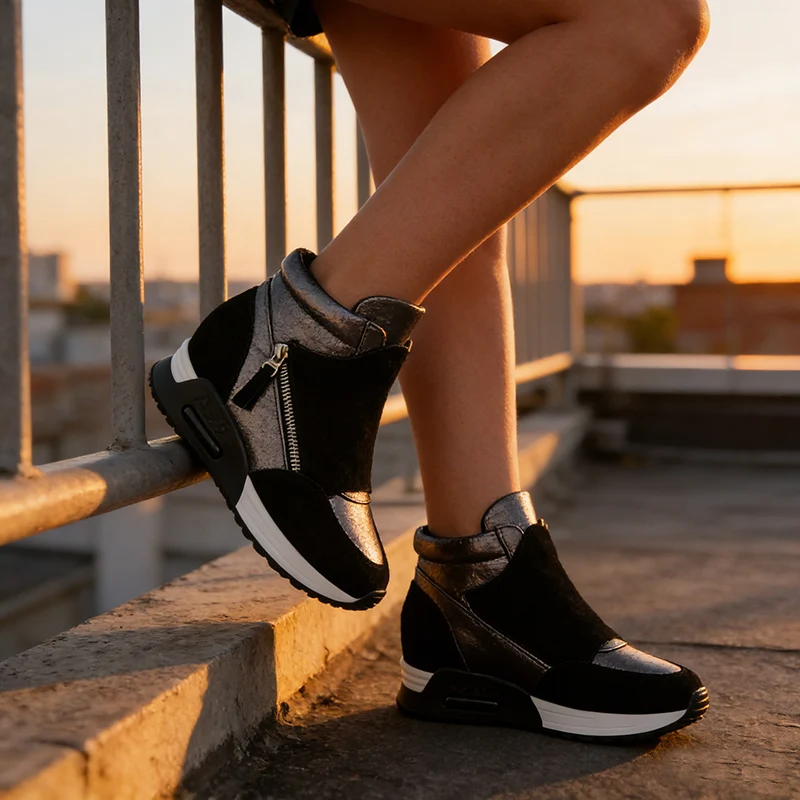 

2026 Spring Autumn Shoes Women Fashion Sneakers Genuine Leather Height Increasing Shoes 6cm Brand Ladies Sneakers Black DX792