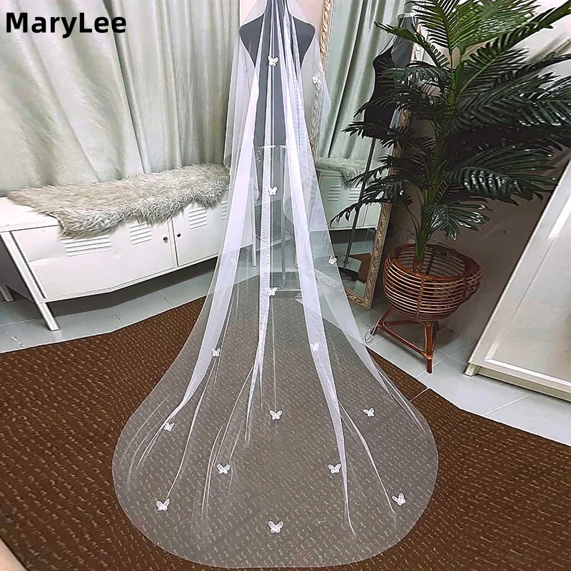 

2 Tiers Wedding Veil With Butterfly Lace Soft Tulle Blusher Cover Face Bride Chapel Veil Customized Bridal Veils 250cm/300cm
