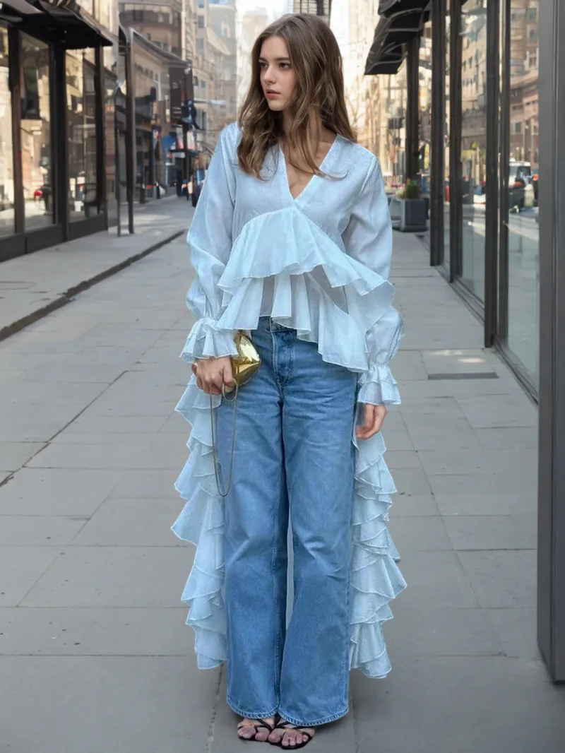 Camisa blanca holgada Sexy para mujer, camisas de manga larga con cuello en V a la moda, Top Irregular con volantes elegantes, ropa femenina a la moda M58Q 2025