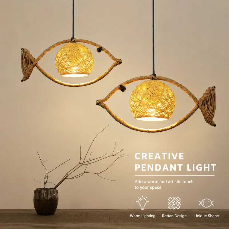 Pendant Light Fish Shaped Japanese Wicker Rope Iron Chandelier LED Warm Glow Fixture for Restaurant Bar Hotel Decor Ceiling Lamp
