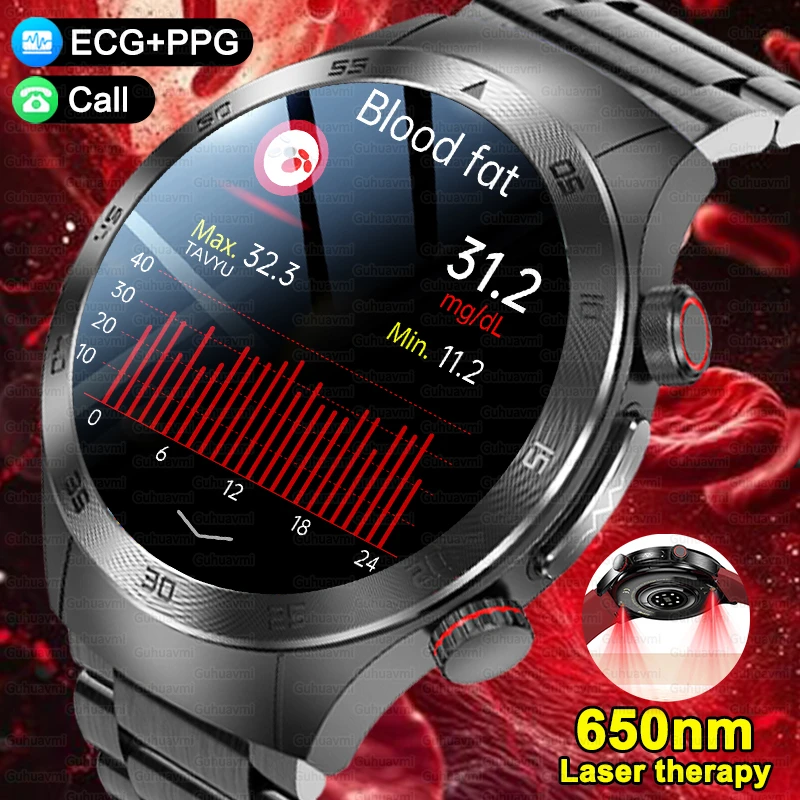 

2026New Blood Pressure 650nm Laser Therapy Diagnosis Smartwatches Men Women Clock Uric Acid Lipid Heart Rate ECG+PPG Smart Watch