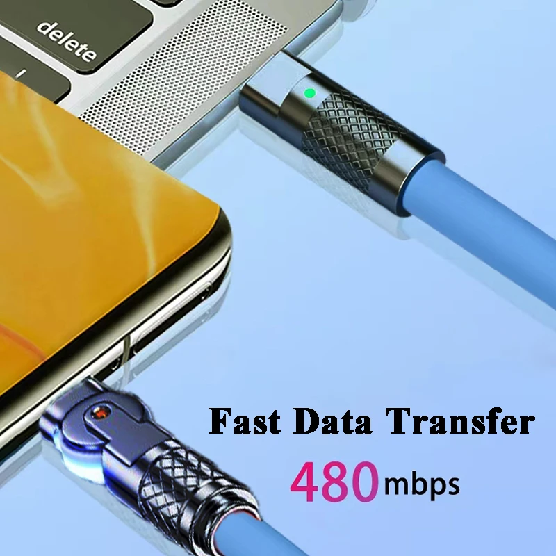 Cable de datos tipo C de 120 W y 6 A, carga súper rápida, silicona con codo giratorio de 180°, 1 m 2 m, cable USB C a C 6