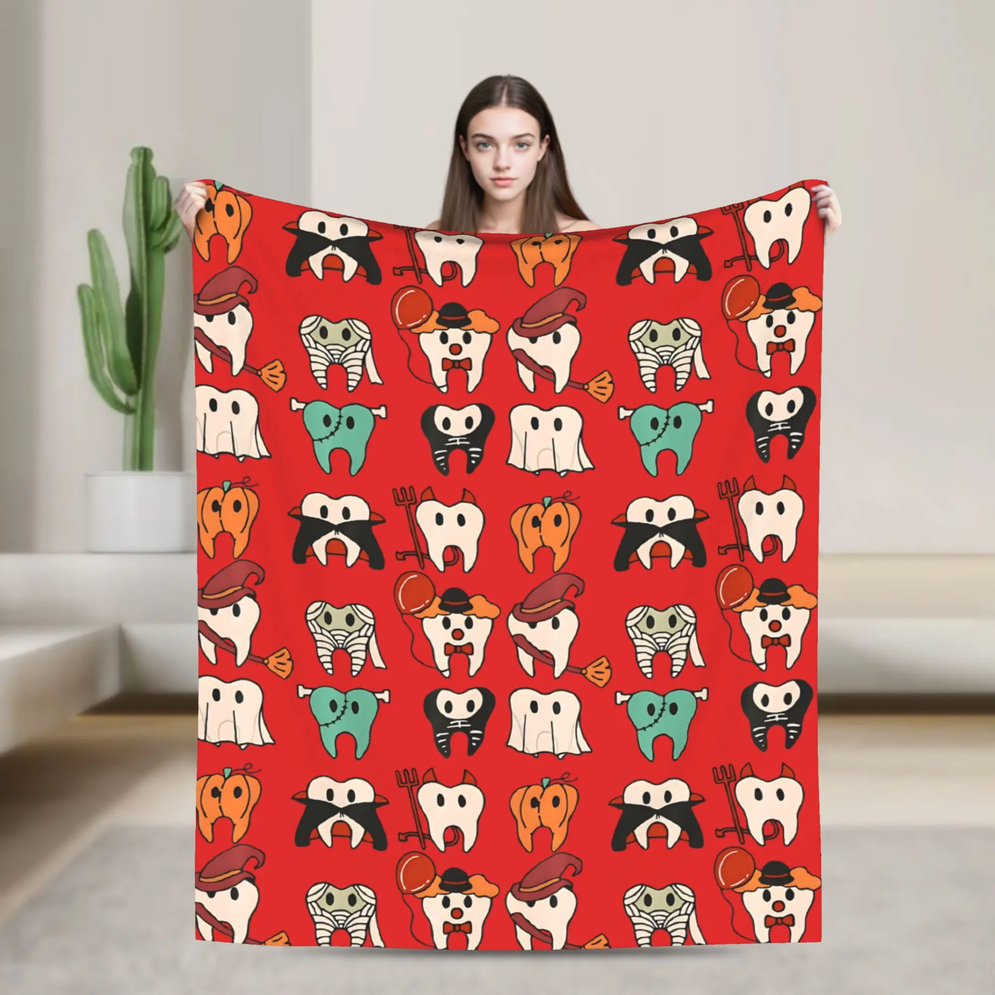 Pumpkin Tooth  Flannel Blanket Cartoon Teeth Helloween Novelty Throw Blanket for Bed Sofa Couch 150*125cm Plush Thin Quilt,