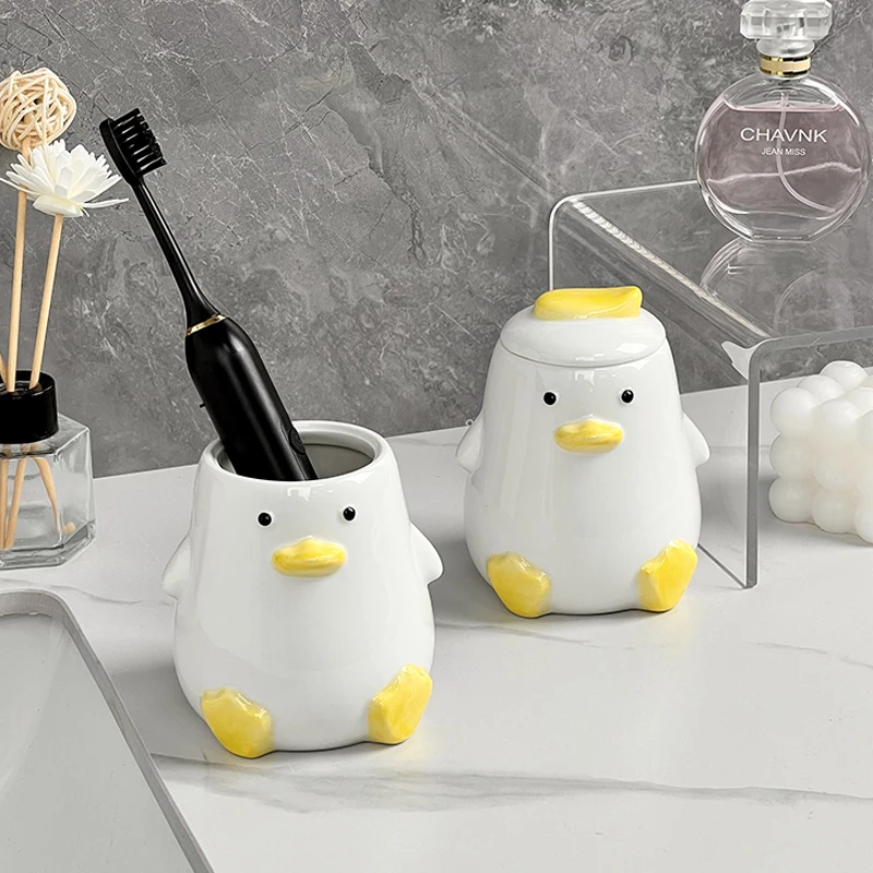 Cute Duck Soap Bottle Gargle Cup Storage Jar Ceramic Bathroom Supplies Household Toothbrush Cup Bathroom Decoration Accessories