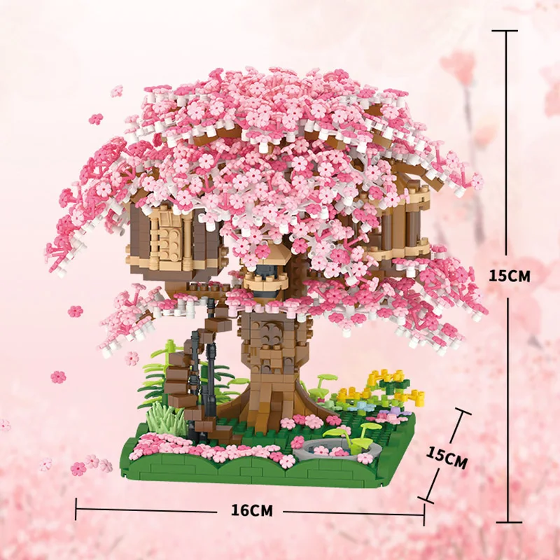 Light Sakura Tree House Model Constructor Micro Building Blocks DIY City Cherry Street View Bricks Christmas Toys for Girls MOC