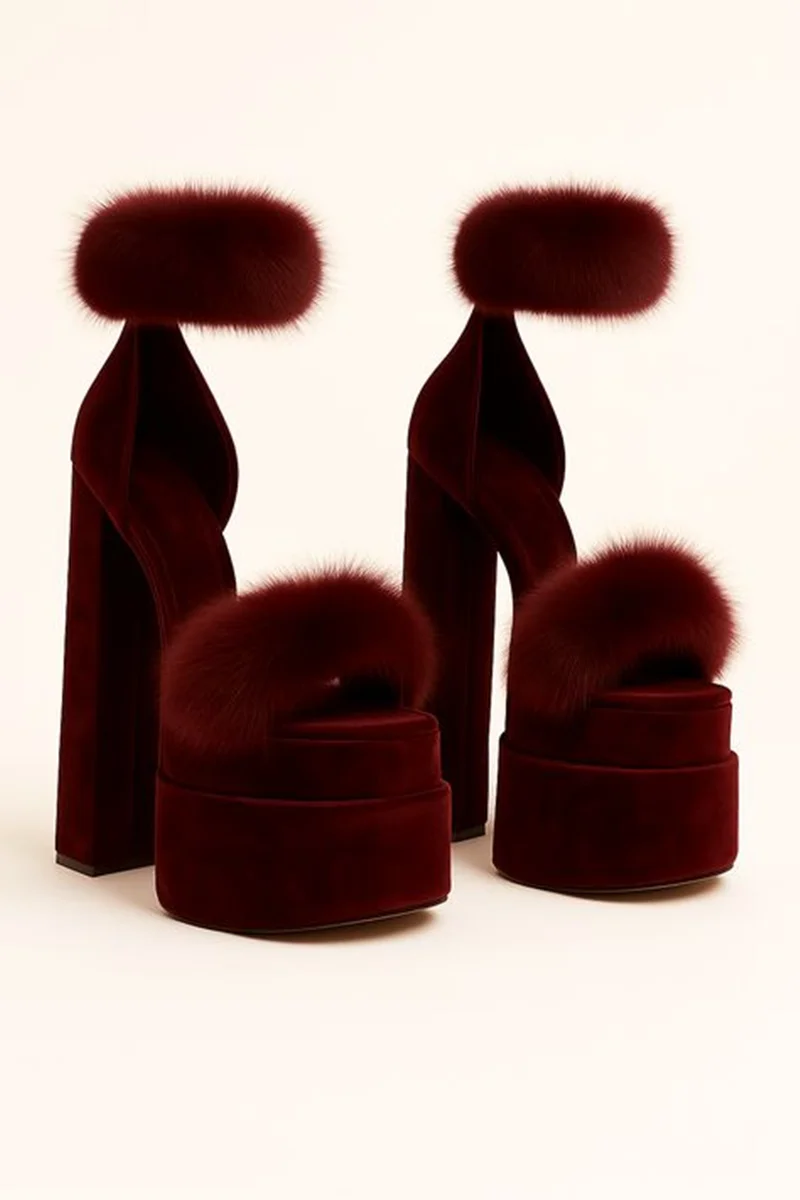 الأخضر المخملية منصة جولة تو الكعوب فو الفراء لهجات مكتنزة كتلة كعب المفتوحة تو تصميم الأزياء لوكس سميكة عالية الكعب لسيدة