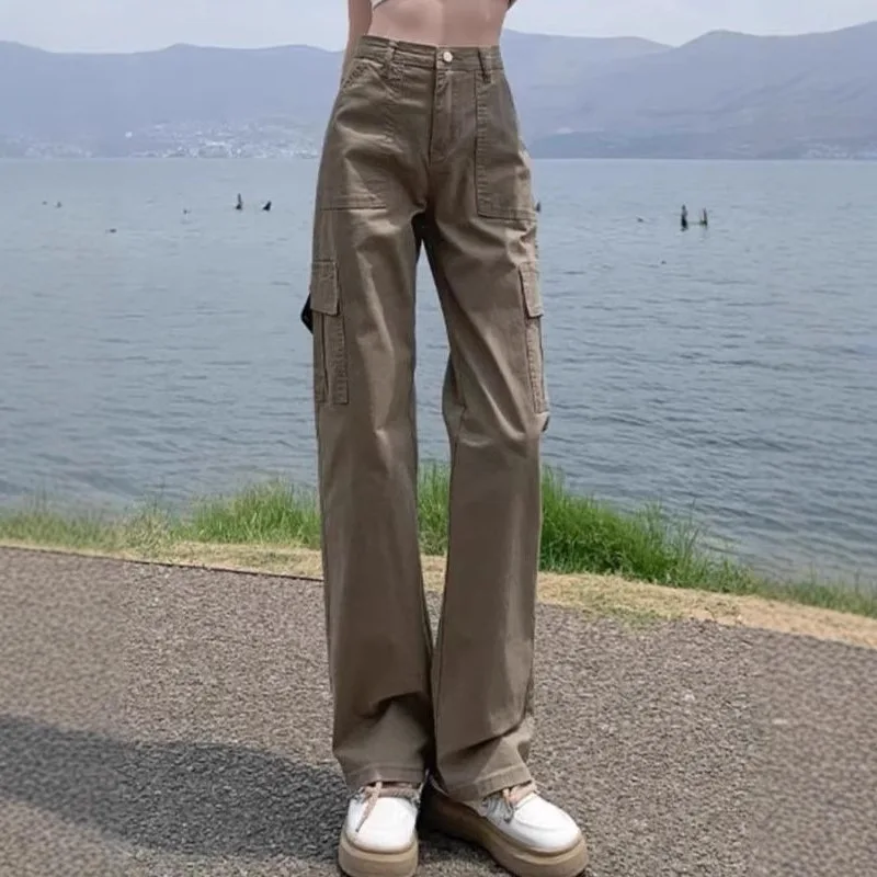 

Khaki High-waisted Narrow-cut Work Pants for Women Summer American Retro High Street Slimming Casual Wide-leg Floor-length Jeans