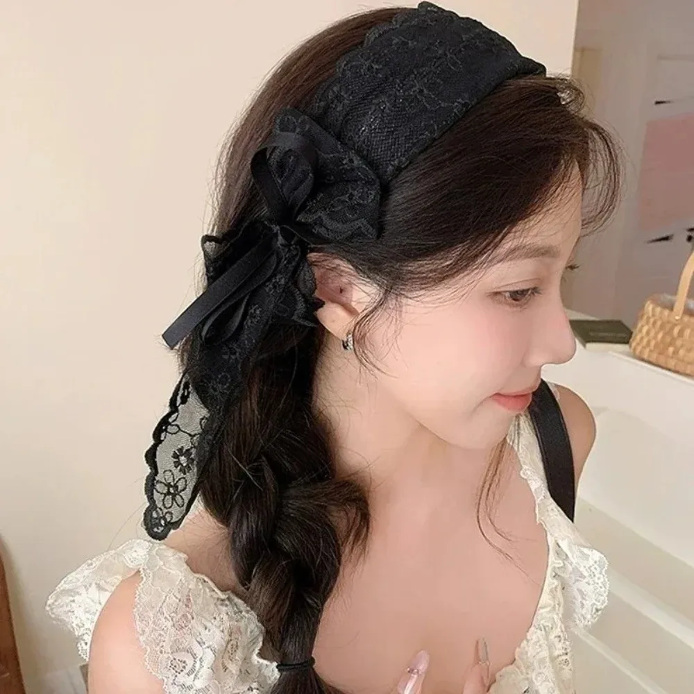Popular French Style Knot Headband Lace Bow Ribbon Hair Hoops Sweet Wide Ribbon Hair Clip Women