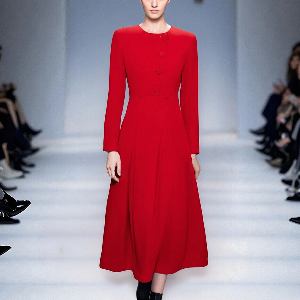 

ZJYT Runway 2025 New Fashion Autumn Dresses for Women Elegant Long Sleeve Red Midi Party Casual Dress Vestidos Para Mujer