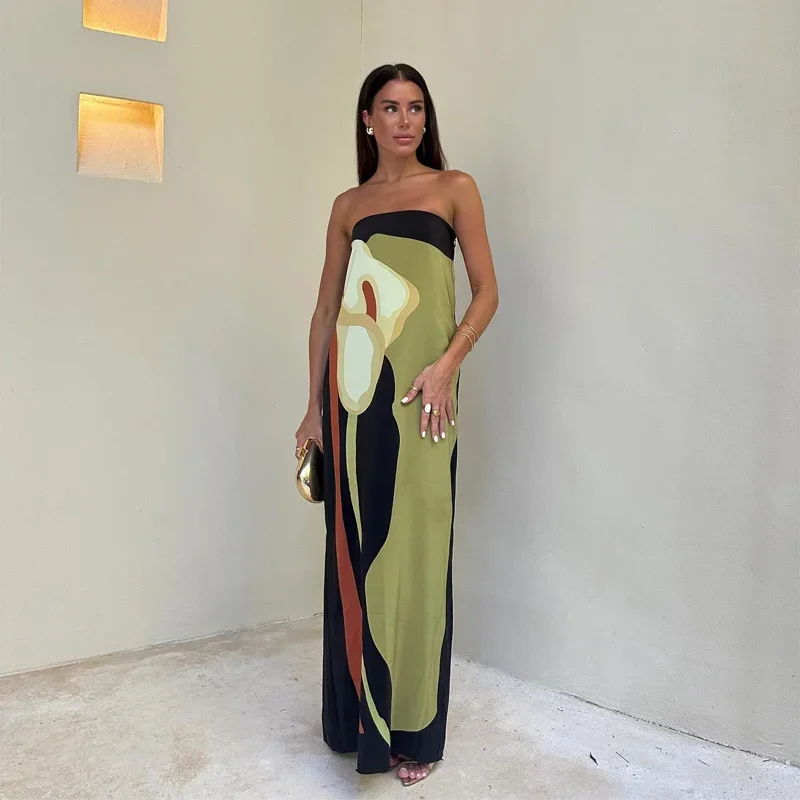 Avocado Print Strapless Dress Sexy Slim Fit Off Shoulder Long Dress Contrast Color Backless Dresses 2024 Autumn Party Lady Robes