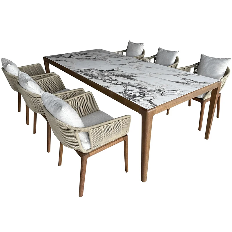 #Outdoor Patio Tables And Chairs Hotel Patio Villa Wooden Table Modern Resorts Garden Restaurant Rope Weaving Dining Chair