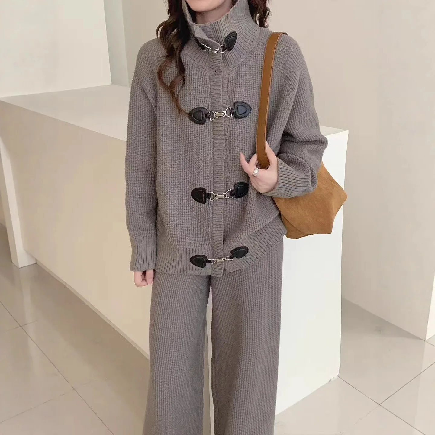 

Women Two Pieces Pant Sets Solid Knitted Set Turn Down Collar Cardigan Elastic Waist Wide Leg Pants Loose Casual 2025 Autumn