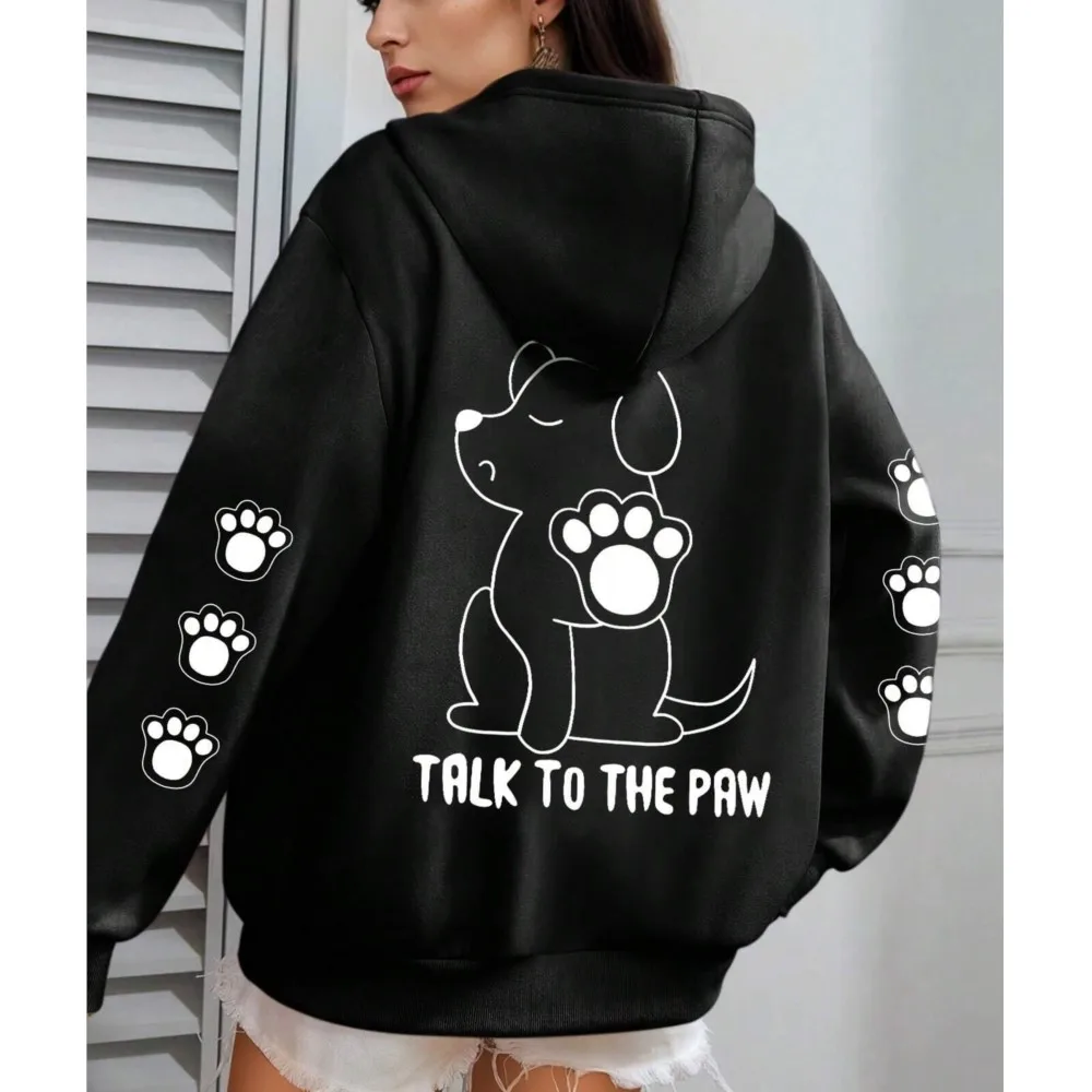 Talk To The Paw Funny Dog Cartoon Print Hoodie Women Warm Fleece Hoody Fashion Casual Hooded Autumn Loose Round Neck Woman Tops
