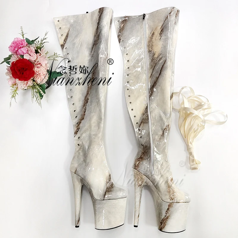 Marble over Knee High Boots Long 20cm High Heel 8inches round Toe Lace-Up Platform Pole Dance Exotic Stripper Sexy Fetish Combat