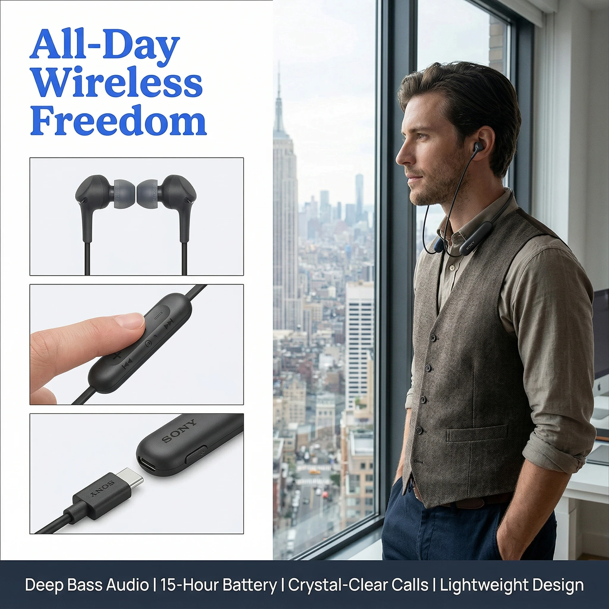 Sony WI-XB400 Powerful Bass Neck Hanging Bluetooth Earphones Deep Bass Wireless Stereo Call Clear and Long lasting Battery Life view 2