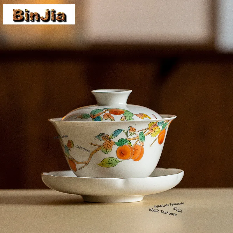 BAEJORIA 100ml Plant Ash Hand-painted Persimmon Gaiwan Elegant Tea Tureen Tea Bowl With Lid Kit Tea Brewing Cover Bowl For Tea