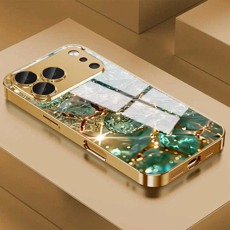 Green Gold Textured Marble Tempered Glass Phone Case For Samsung Galaxy S26 Ultra S25 S24 Ultra S23 Plus S25 FE Protection Cover