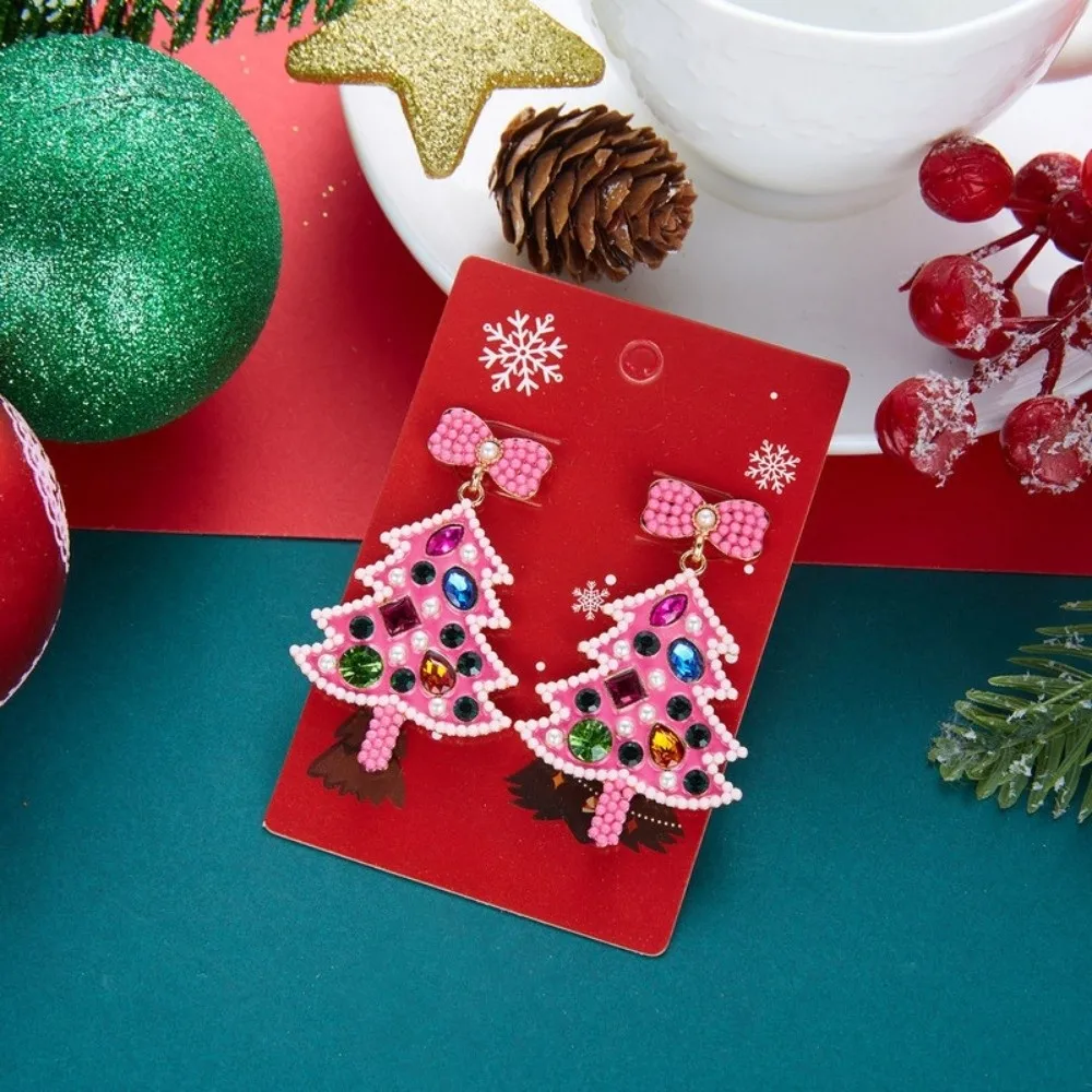 Colorful Christmas Tree Earrings Crystal Shiny Finish Rhinestone Drop Ear Lightweight Gold Plated Crystal Xmas Studs Gift Buyers