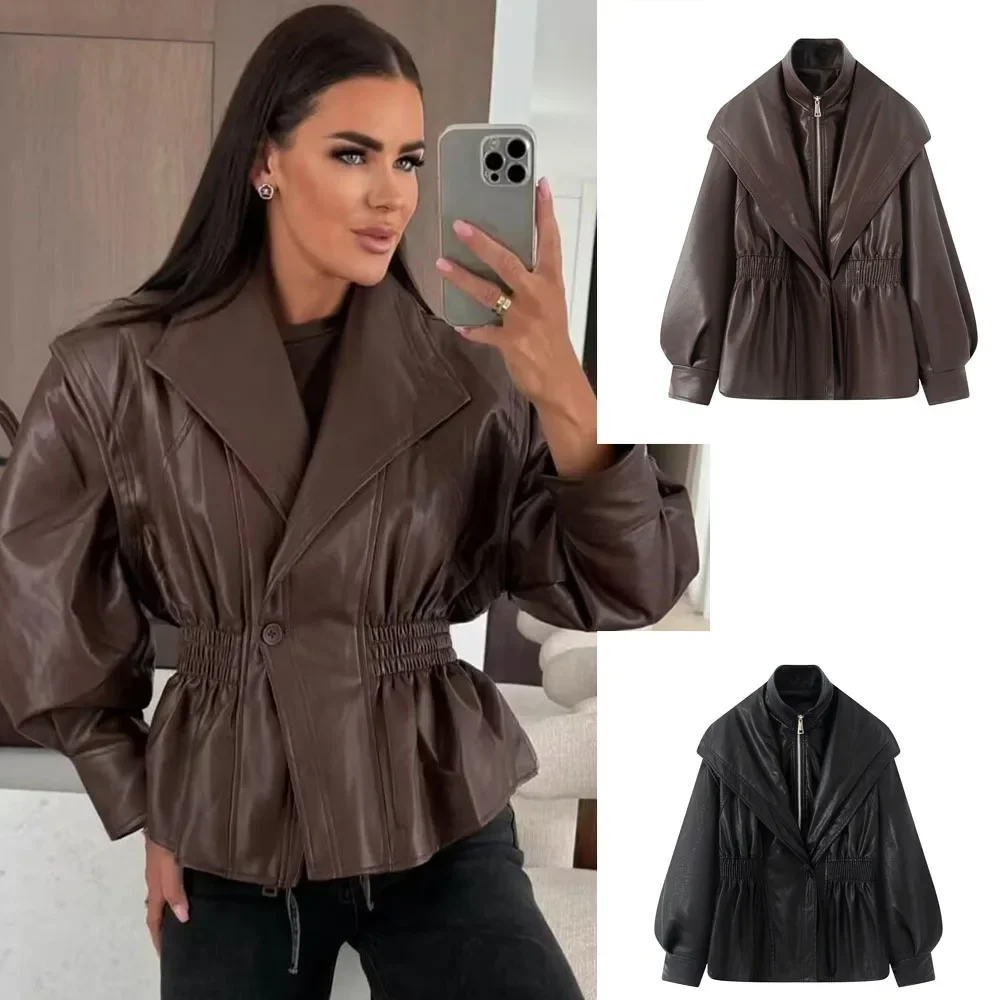 

Vintage Elastic Waist Cinching Brwon Leather Jacket Women Casual Lapel Zipper Pu Coat Lady Autumn Outdoors Highstreet Outwear