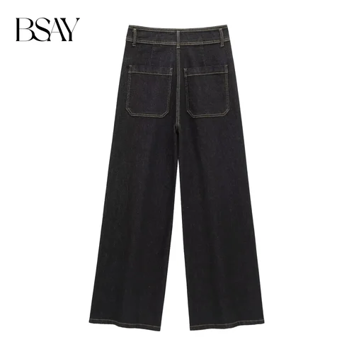 Imagen 2 del producto BSAY Jeans para mujer moda Otoño Invierno nuevo Color sólido bolsillo suelto Retro alta cintura pantalones de pierna ancha Chic pantalones femeninos
