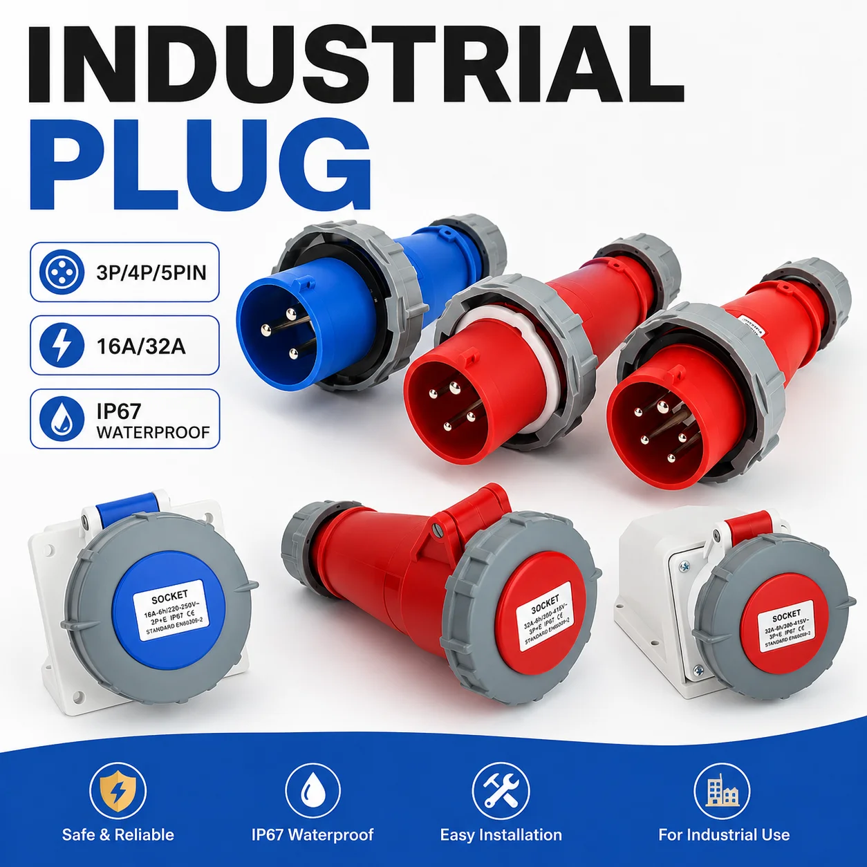 Industrial Plug and Socket 3P/4P/5Pin Electrical Connector 16A 32A IP67waterproof Wall Mounted Socket MALE FEMALE 220V 380V